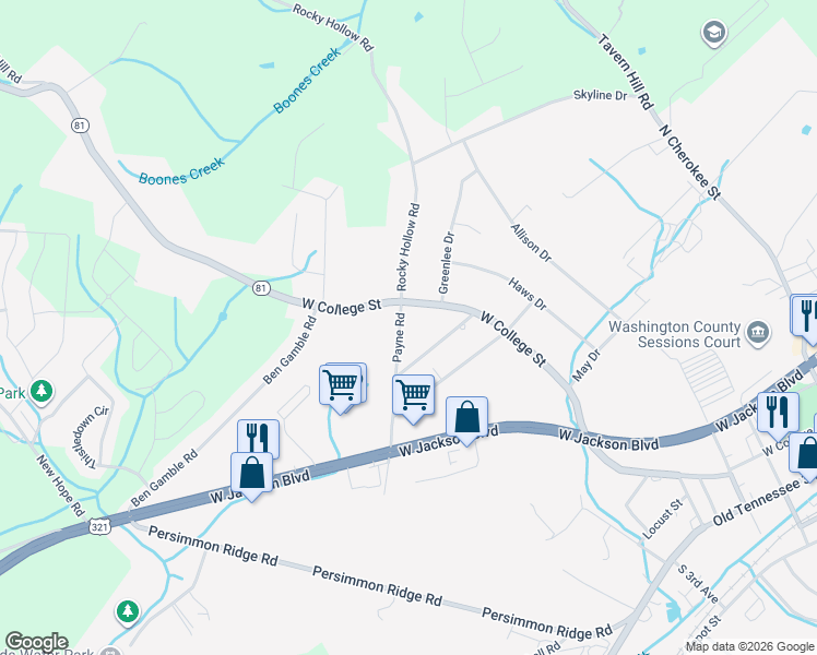 map of restaurants, bars, coffee shops, grocery stores, and more near 1112 Payne Road in Jonesborough