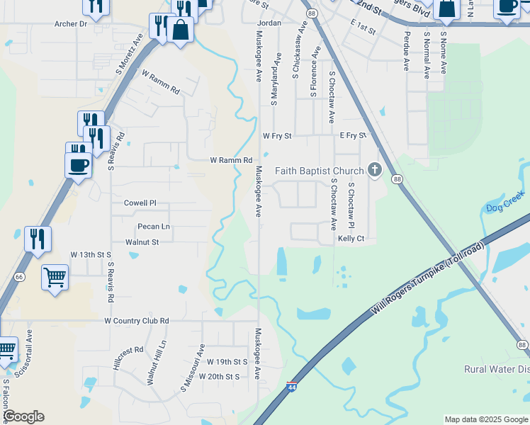 map of restaurants, bars, coffee shops, grocery stores, and more near 1006 South Muskogee Avenue in Claremore