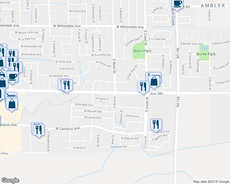 map of restaurants, bars, coffee shops, grocery stores, and more near West Caldwell Avenue & South West Street in Visalia