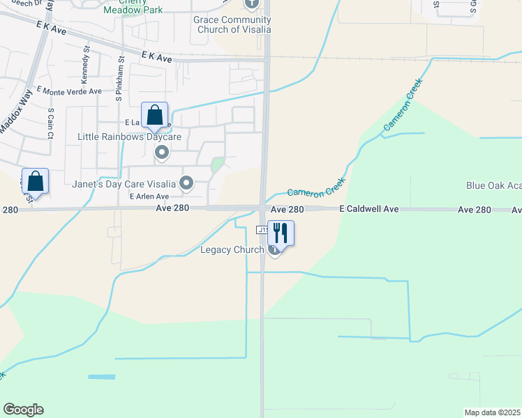 map of restaurants, bars, coffee shops, grocery stores, and more near S Lovers Ln & E Caldwell Ave in Visalia