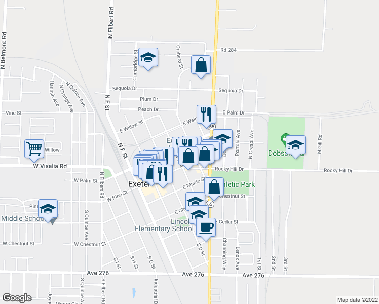map of restaurants, bars, coffee shops, grocery stores, and more near 130 North B Street in Exeter