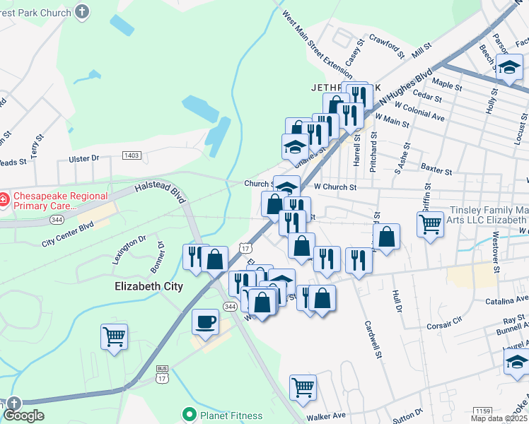 map of restaurants, bars, coffee shops, grocery stores, and more near 319 Burke Street in Elizabeth City