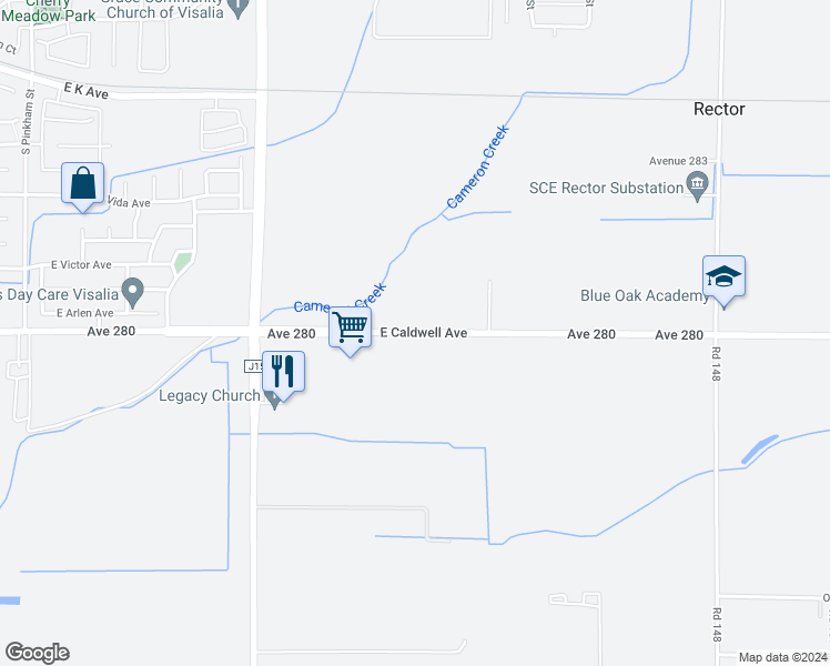 map of restaurants, bars, coffee shops, grocery stores, and more near 8570 Avenue 280 in Visalia