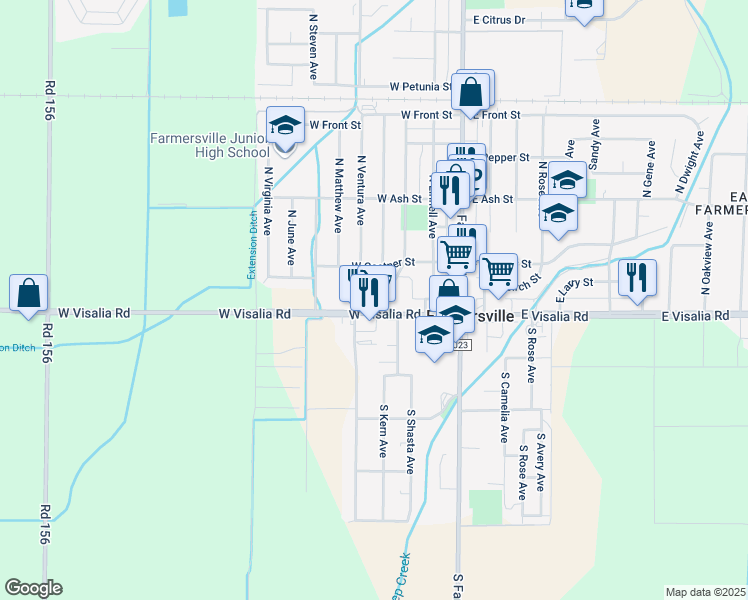 map of restaurants, bars, coffee shops, grocery stores, and more near 400 West Visalia Road in Farmersville
