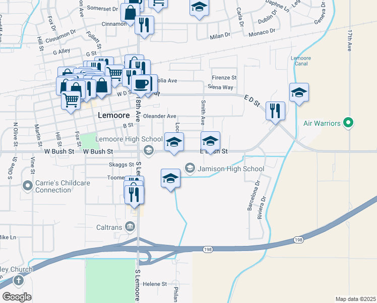 map of restaurants, bars, coffee shops, grocery stores, and more near 351 East Bush Street in Lemoore