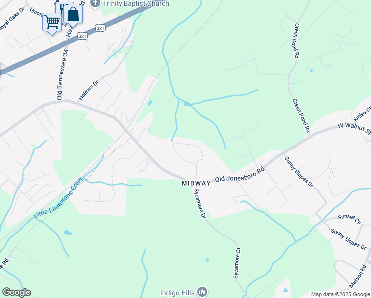 map of restaurants, bars, coffee shops, grocery stores, and more near 163 Sycamore Circle in Jonesborough