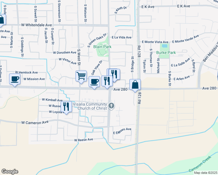 map of restaurants, bars, coffee shops, grocery stores, and more near 124 West Caldwell Avenue in Visalia