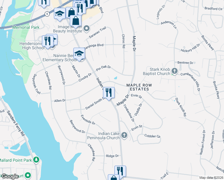 map of restaurants, bars, coffee shops, grocery stores, and more near 102 Allen Court South in Hendersonville
