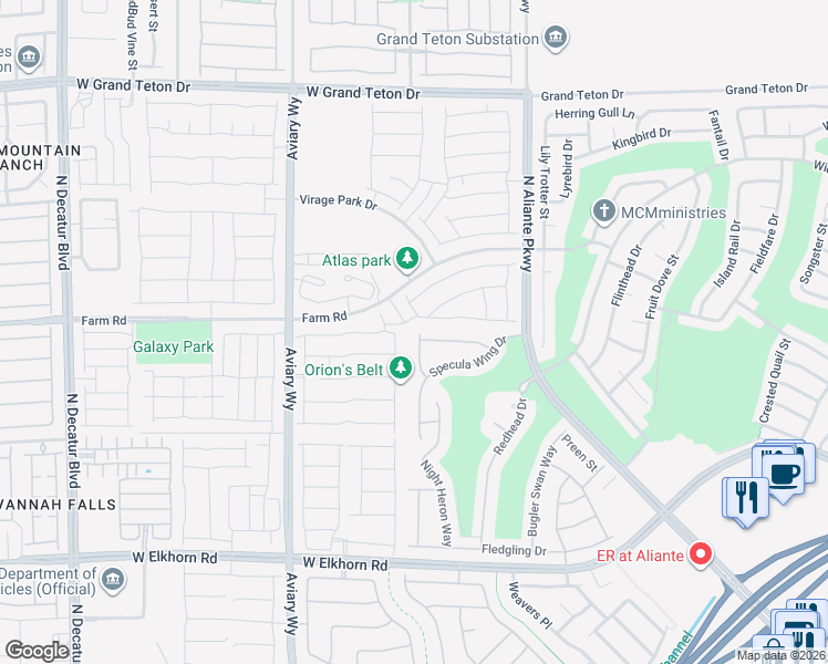 map of restaurants, bars, coffee shops, grocery stores, and more near 7533 Java Sparrow St in North Las Vegas