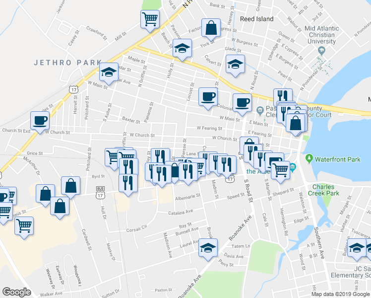 map of restaurants, bars, coffee shops, grocery stores, and more near 310 Persse Street in Elizabeth City