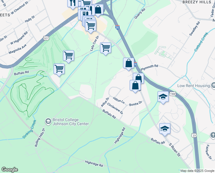 map of restaurants, bars, coffee shops, grocery stores, and more near 312 Oak Glen Circle in Johnson City