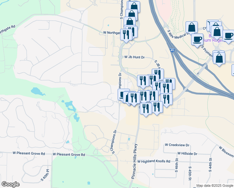 map of restaurants, bars, coffee shops, grocery stores, and more near 7 South Bruce Lietzke Court in Rogers