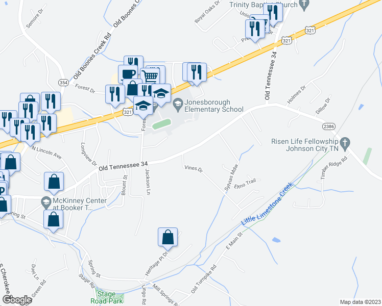map of restaurants, bars, coffee shops, grocery stores, and more near 604 East Main Street in Jonesborough