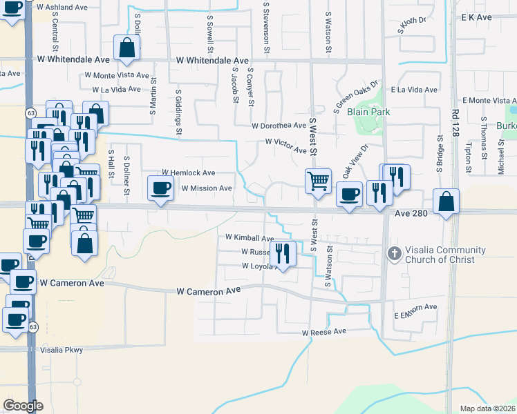 map of restaurants, bars, coffee shops, grocery stores, and more near 815 West Oak View Drive in Visalia