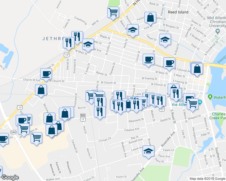 map of restaurants, bars, coffee shops, grocery stores, and more near 312 Shirley Street in Elizabeth City