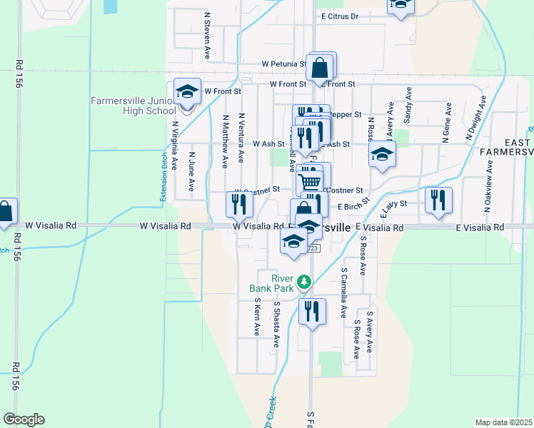 map of restaurants, bars, coffee shops, grocery stores, and more near 198 North Shasta Avenue in Farmersville