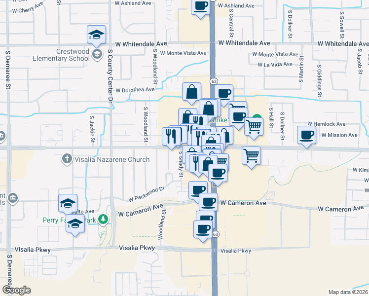 map of restaurants, bars, coffee shops, grocery stores, and more near 2278-2398 West Caldwell Avenue in Visalia