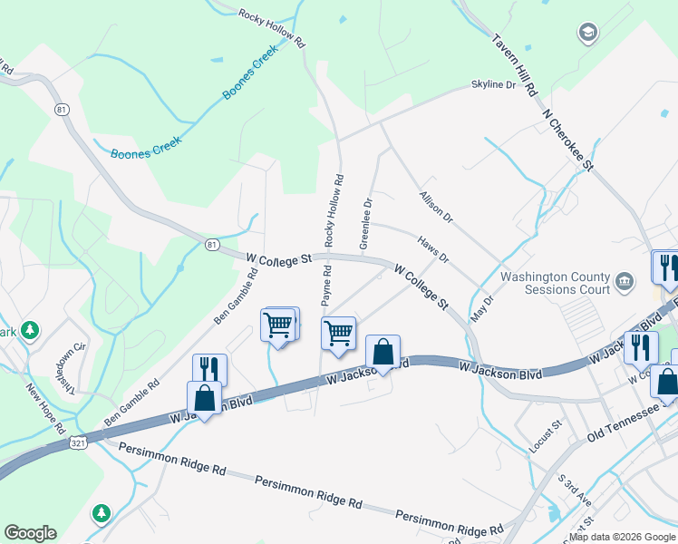 map of restaurants, bars, coffee shops, grocery stores, and more near 1112 Payne Road in Jonesborough