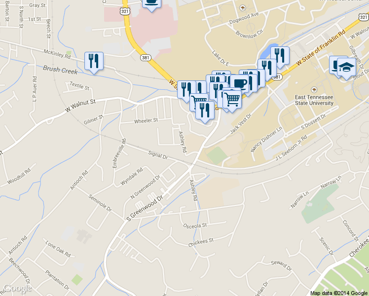 map of restaurants, bars, coffee shops, grocery stores, and more near 902 Ashley Road in Johnson City