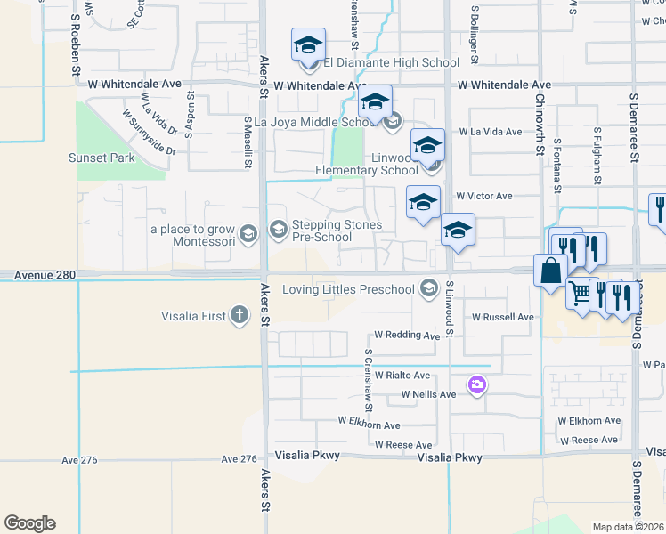 map of restaurants, bars, coffee shops, grocery stores, and more near 3539 South Heritage Street in Visalia