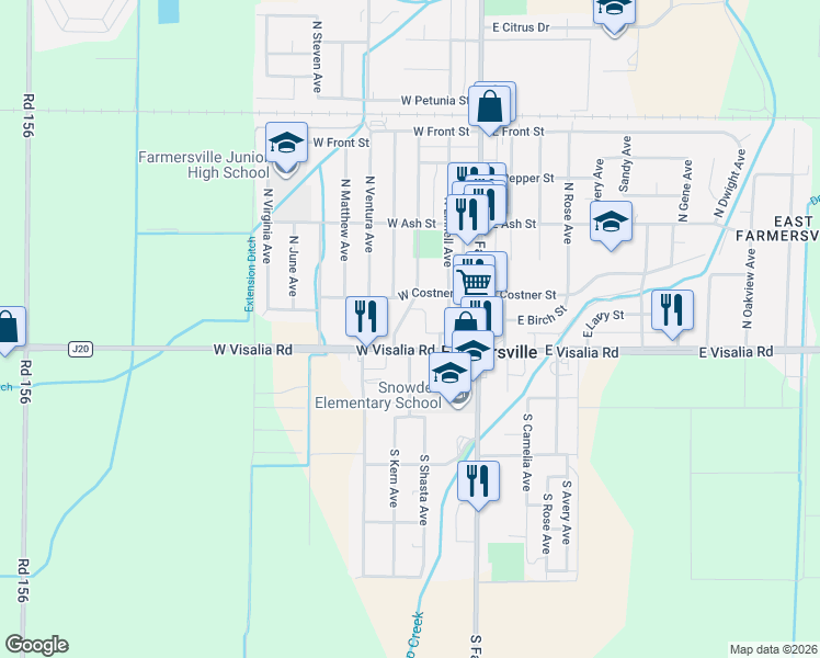 map of restaurants, bars, coffee shops, grocery stores, and more near 172 North Shasta Avenue in Farmersville
