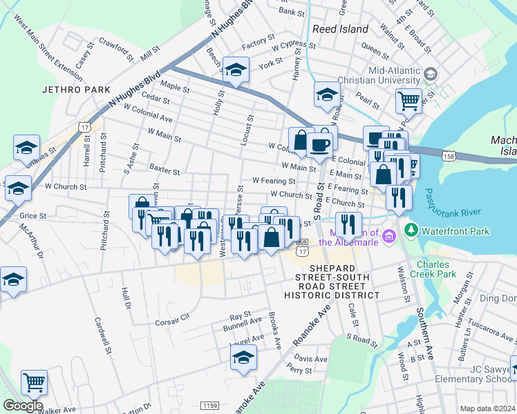 map of restaurants, bars, coffee shops, grocery stores, and more near 405 Dunstan Lane in Elizabeth City
