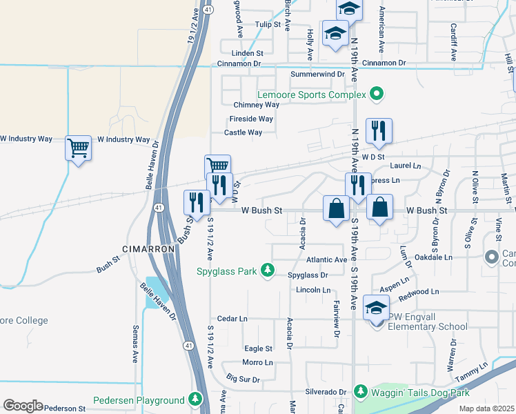 map of restaurants, bars, coffee shops, grocery stores, and more near 15 Elm Drive in Lemoore