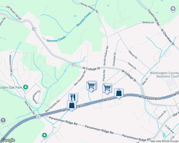 map of restaurants, bars, coffee shops, grocery stores, and more near 1411 West College Street in Jonesborough