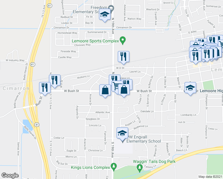 map of restaurants, bars, coffee shops, grocery stores, and more near 1224 West Bush Street in Lemoore