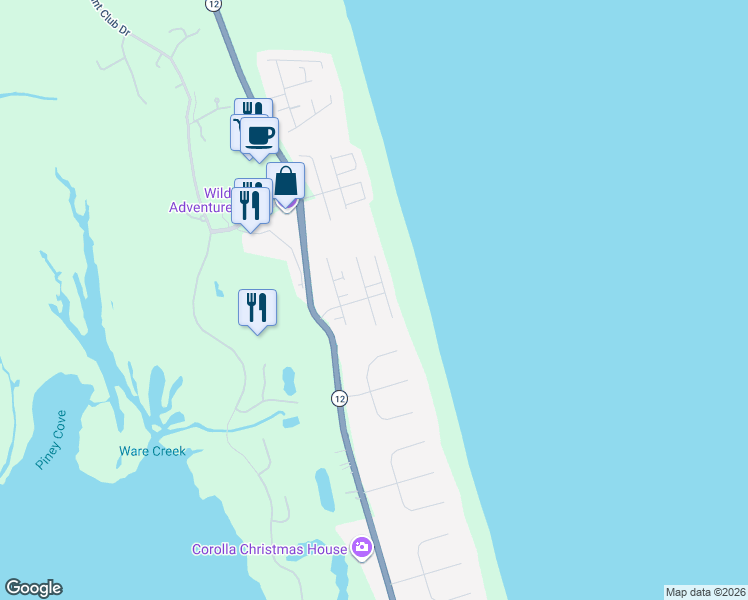 map of restaurants, bars, coffee shops, grocery stores, and more near 550 Porpoise Point in Corolla
