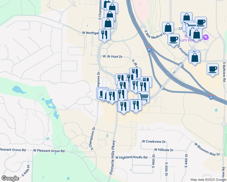 map of restaurants, bars, coffee shops, grocery stores, and more near 4100 South Grand Avenue in Rogers