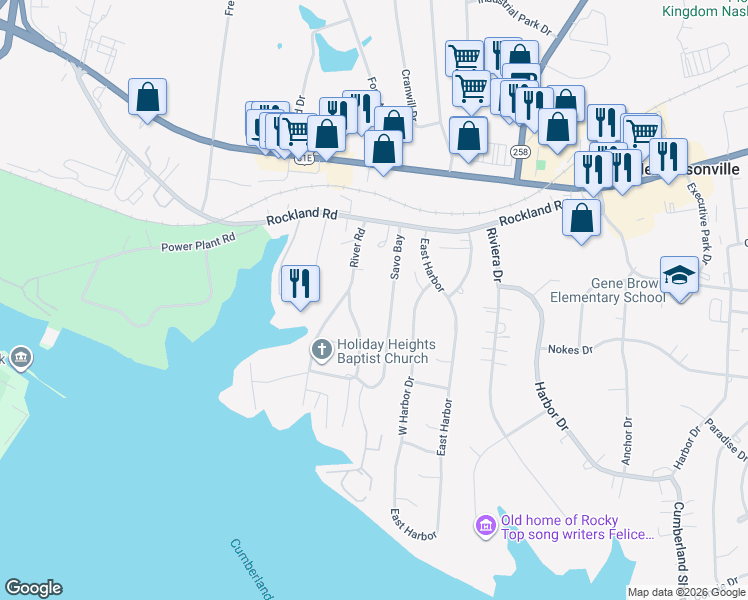 map of restaurants, bars, coffee shops, grocery stores, and more near 251 Rockland Road in Hendersonville