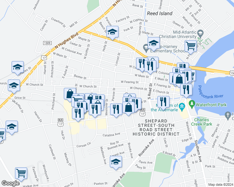 map of restaurants, bars, coffee shops, grocery stores, and more near 505 Dunstan Lane in Elizabeth City