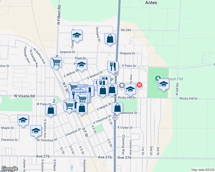map of restaurants, bars, coffee shops, grocery stores, and more near 141 North B Street in Exeter