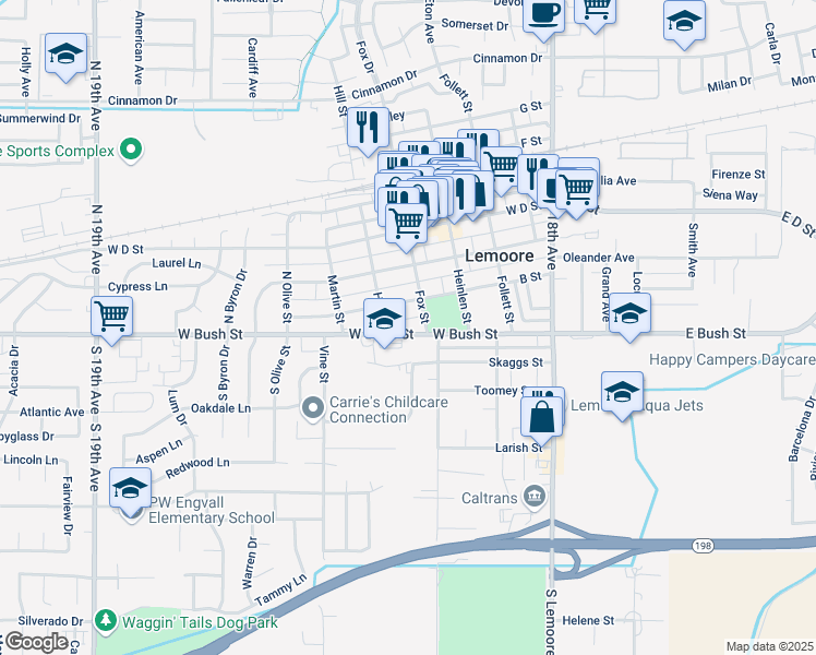 map of restaurants, bars, coffee shops, grocery stores, and more near in Lemoore