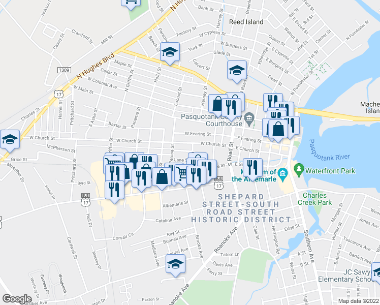 map of restaurants, bars, coffee shops, grocery stores, and more near 307 Culpepper Street in Elizabeth City