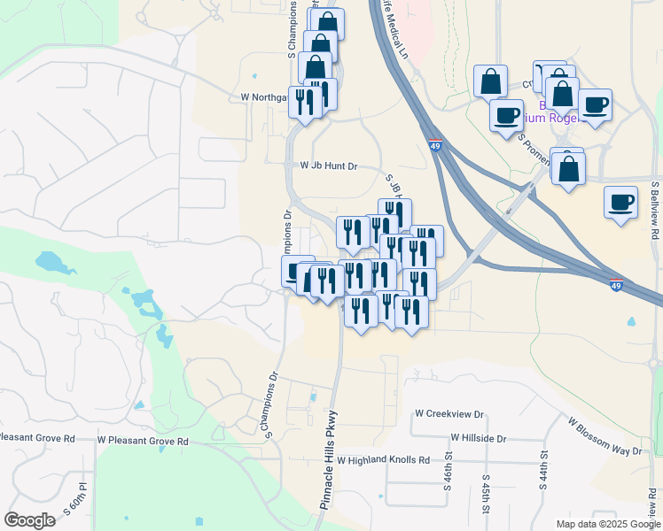 map of restaurants, bars, coffee shops, grocery stores, and more near 4100 South Grand Avenue in Rogers