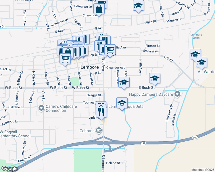 map of restaurants, bars, coffee shops, grocery stores, and more near 5 Powell Avenue in Lemoore