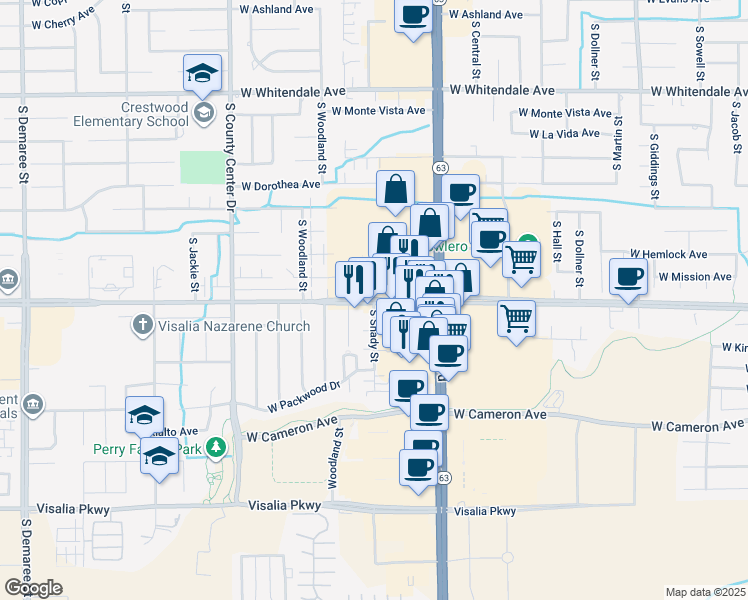 map of restaurants, bars, coffee shops, grocery stores, and more near 2398 West Caldwell Avenue in Visalia