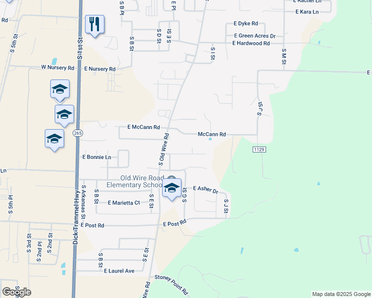 map of restaurants, bars, coffee shops, grocery stores, and more near 615 East Bonnie Lane in Rogers