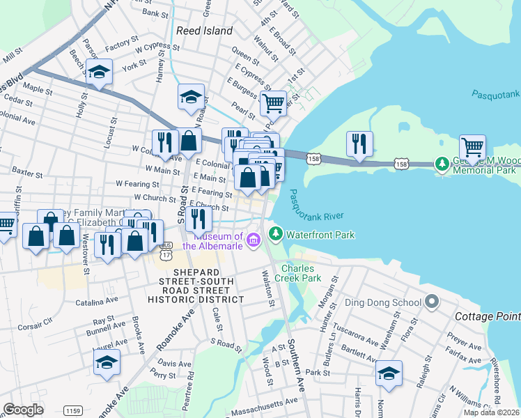 map of restaurants, bars, coffee shops, grocery stores, and more near 215 South Water Street in Elizabeth City