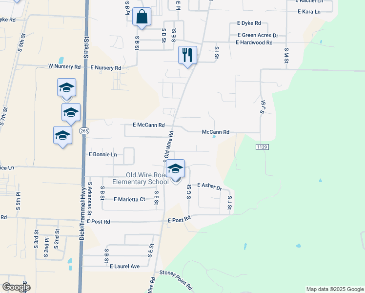 map of restaurants, bars, coffee shops, grocery stores, and more near 615 East Bonnie Lane in Rogers