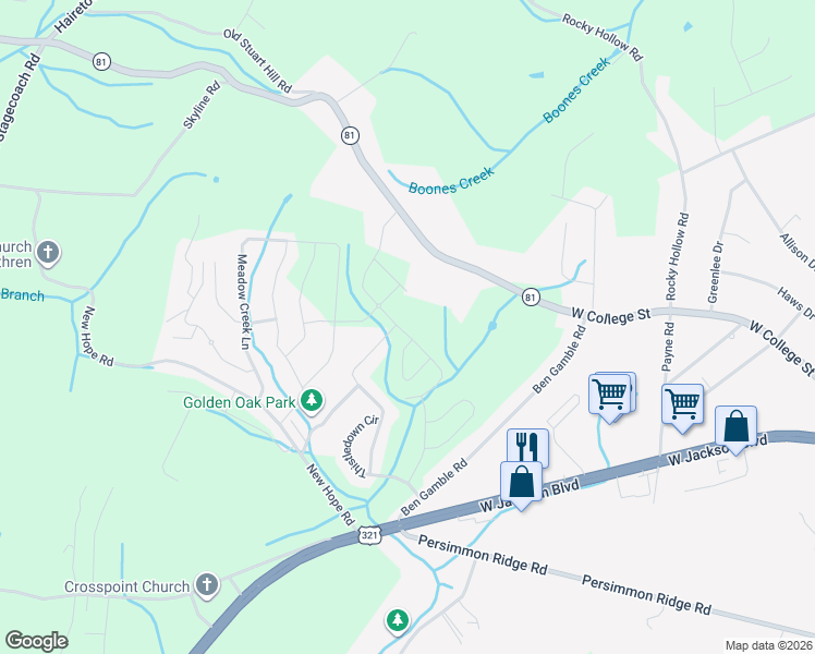 map of restaurants, bars, coffee shops, grocery stores, and more near 1338 Lemongrass Drive in Jonesborough