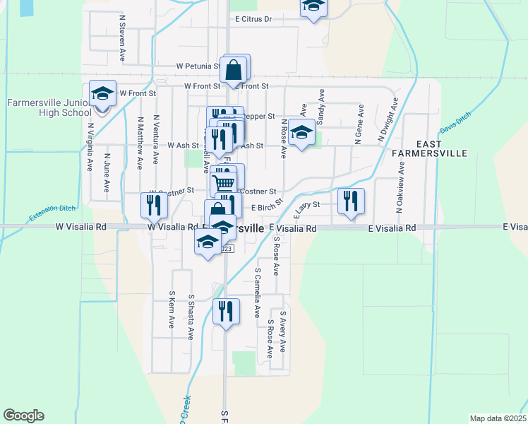 map of restaurants, bars, coffee shops, grocery stores, and more near 315 East Birch Street in Farmersville