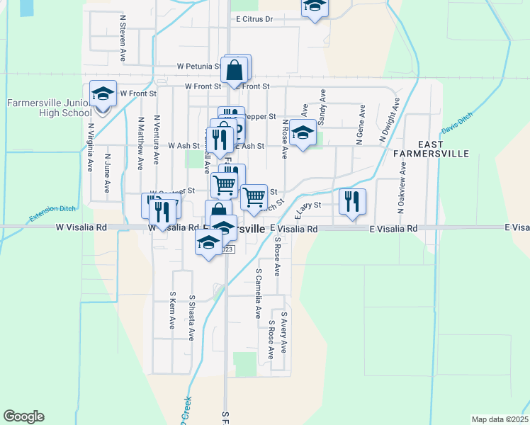 map of restaurants, bars, coffee shops, grocery stores, and more near 315 East Birch Street in Farmersville
