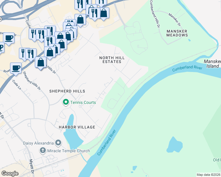 map of restaurants, bars, coffee shops, grocery stores, and more near 2135 East Hill Drive in Nashville