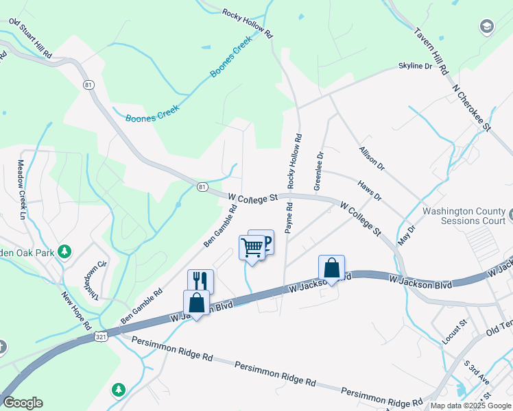 map of restaurants, bars, coffee shops, grocery stores, and more near 1403 West College Street in Jonesborough