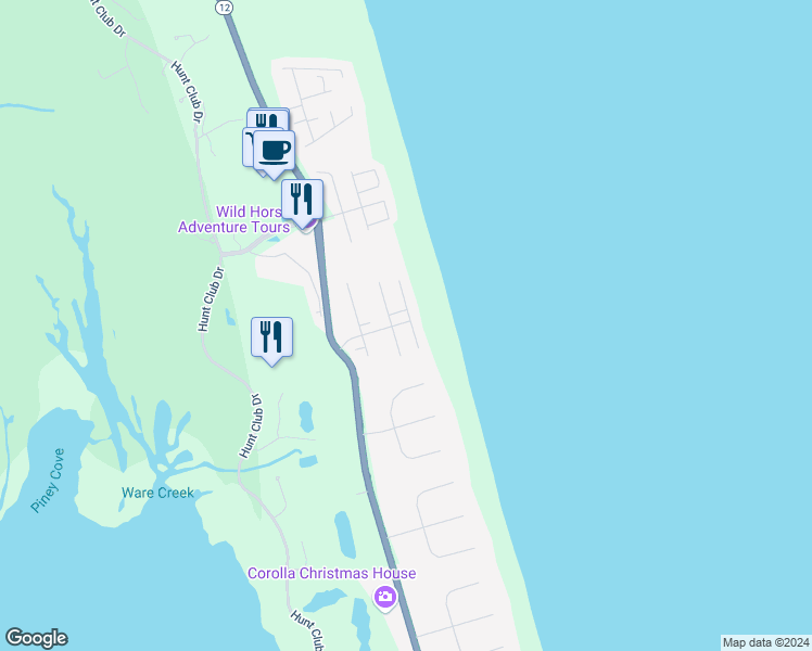 map of restaurants, bars, coffee shops, grocery stores, and more near 550 Porpoise Point in Corolla