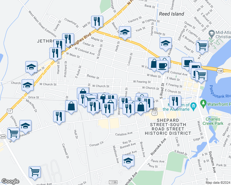 map of restaurants, bars, coffee shops, grocery stores, and more near 704 McPherson Street in Elizabeth City