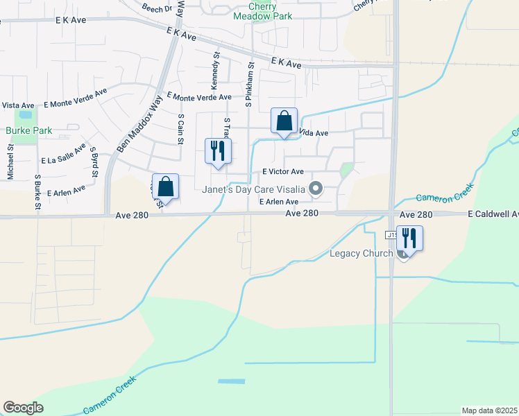 map of restaurants, bars, coffee shops, grocery stores, and more near 2143 East Arlen Avenue in Visalia